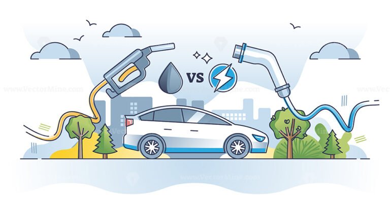 Range Of Gas Vs Electric Car Mileage Or Kilometers Distance Outline