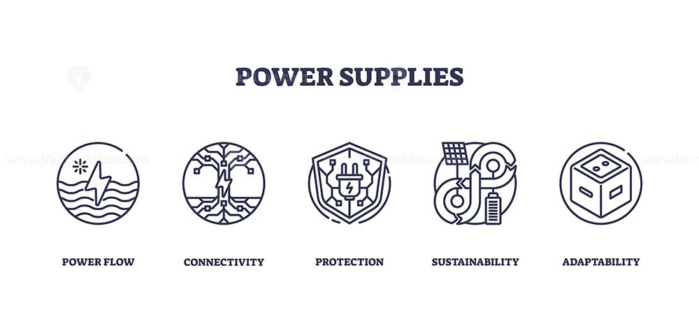 Power Supplies Icons Depict Flow Connectivity And Sustainability