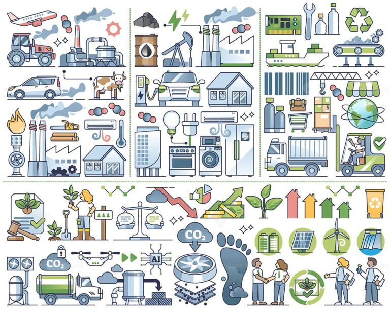 Scopes Of Emissions And Carbon Air Pollution Sources Outline Collection