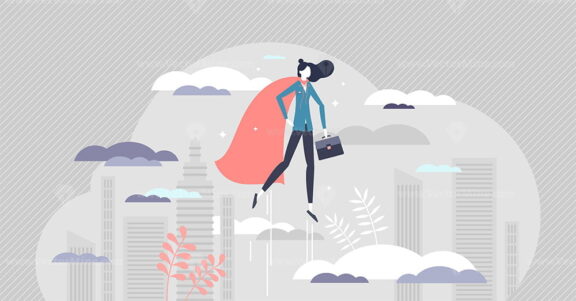 Business woman superhero as powerful female leader job tiny person concept