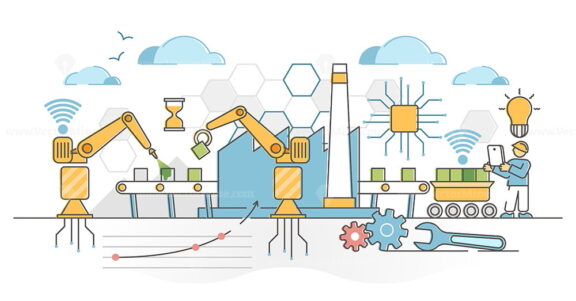 Factory automation with machine technology industrial robots outline concept