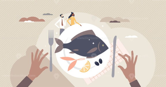 Fish food restaurant and seafood kitchen product menu tiny person concept