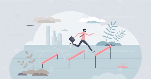 Jumping over hurdles as business challenge obstacle leap tiny person concept