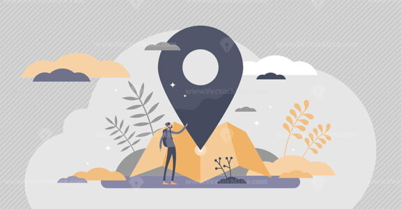 Location services as destination GPS pin point on map tiny persons concept