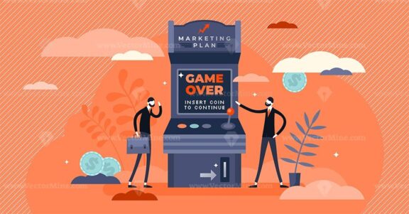 FREE Marketing plan fail, creative gamer over concept, tiny business person illustration