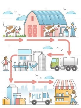 Milk production diagram with dairy industry process chain outline ...