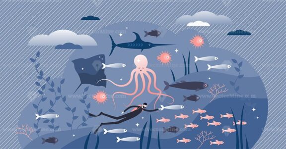 Ocean life with underwater fauna in tiny persons concept vector illustration