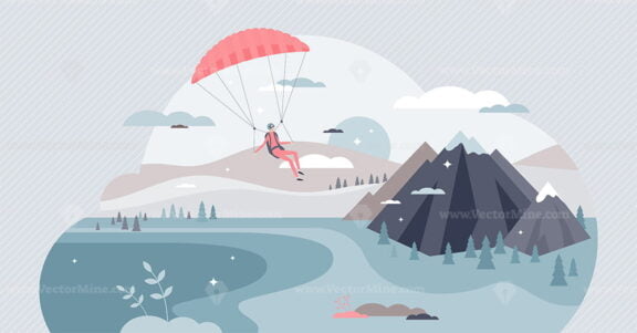 Paragliding sport with pilot flying in sky with glider tiny person concept