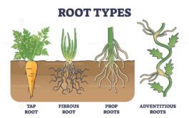 Root types examples in soil from side view in biological outline ...