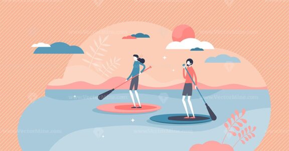 Suping or standing paddleboarding water sport adventure tiny person concept