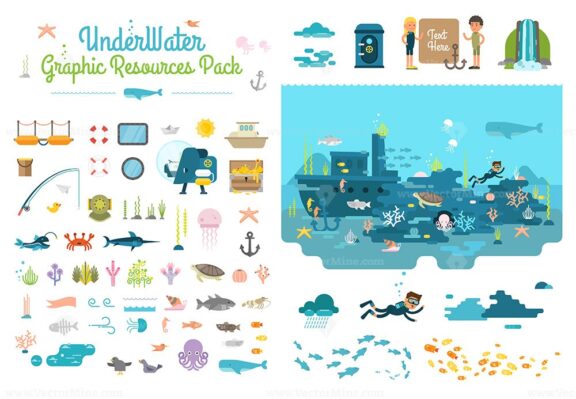 FREE Underwater marine life flat vector illustration elements pack