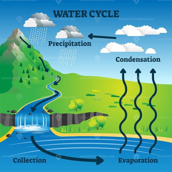 Water cycle diagram with simple rain circulation explanation outline ...