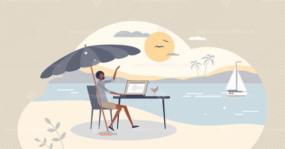 Workcation, work and vacation at remote leisure location tiny person concept