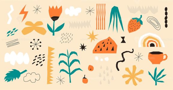 Abstract shapes and hand drawn summer nature art objects vector illustration