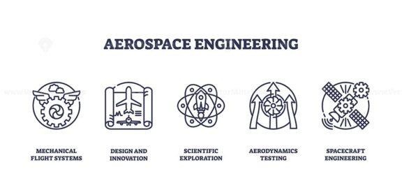 Aerospace engineering icons depict flight systems, innovation, and exploration. Key objects, airplane, atom, satellite. Outline icons set.