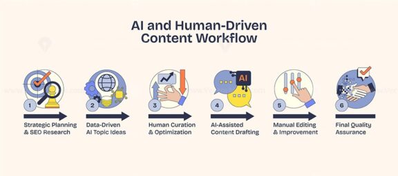 AI and human-driven workflow in a neubrutalism style diagram highlights collaboration with icons of a globe, AI chip, and checklist.