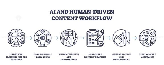 AI and human collaboration in content creation, key objects, gears, human figure, document. Outline diagram.