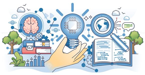 AI literacy involves understanding AI through symbols like a brain, light bulb, and magnifying glass. Outline hands concept