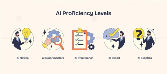 AI proficiency levels depicted with icons of lightbulb, magnifying glass, checklist, brain, and question mark. Neubrutalism style