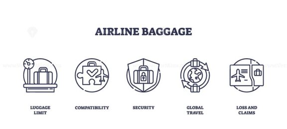 Airline baggage icons outline key concepts like luggage limit, security, and global travel. Outline icons set