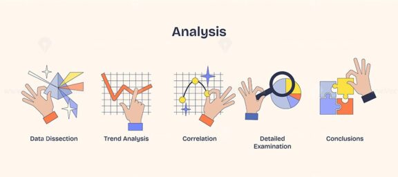 Analysis focuses on hands manipulating graphs, charts, and puzzles, symbolizing data interpretation. Neubrutalism hands concept