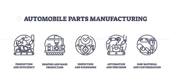 Automobile parts manufacturing icons depict efficiency, precision, and customization. Key objects, gears, machinery, tools. Outline icons set.