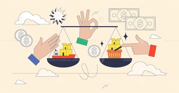 Balance of trade visualized with hands holding scales, ships, and currency. Neubrutalism hands concept