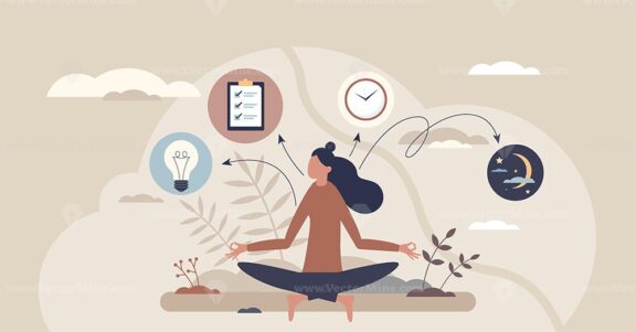 Balancing work and life with ease shows a person meditating, surrounded by a clock and checklist. Tiny style.