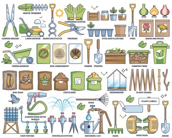 basic gardening tools and essentials collection outline 1