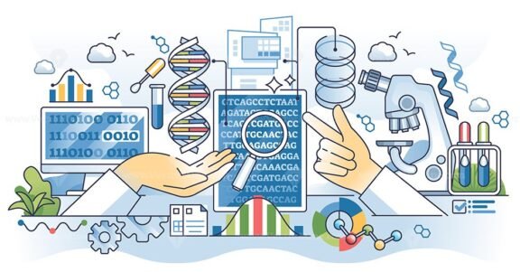 Bioinformatics for genetics and genomic analytics outline hands concept