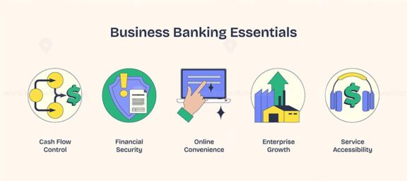 Business banking essentials depicted with icons for cash flow, security, and growth in Neubrutalism style.