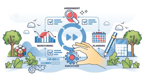 Data governance implementation with storage standards outline hands concept