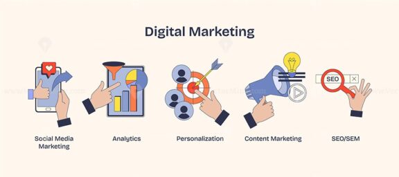 Digital marketing visual with hands, charts, and icons symbolizing analytics and engagement. Neubrutalism hands concept.