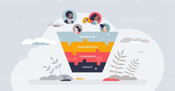 Digital marketing funnel with advertisement lead strategy tiny person concept