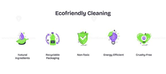 Ecofriendly cleaning icons show natural ingredients, recyclable packaging, and non-toxic symbols. Playful style icons