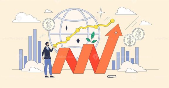 Economy growth depicted with a rising arrow, bar graph, and globe, symbolizing progress. Neubrutalism style.