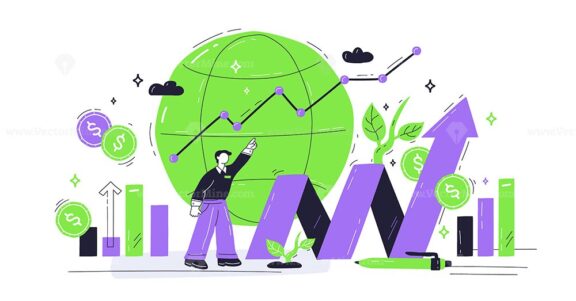 Economy growth depicted with charts, arrows, and a globe, symbolizing progress and innovation. Playful style