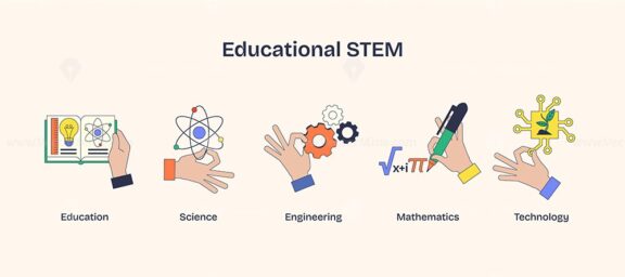 STEM education visual with hands holding book, atom, and gears, symbolizing knowledge and innovation. Neubrutalism hands concept