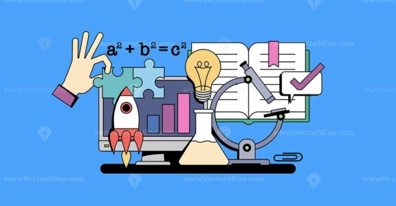 STEM education visual with hands, featuring a computer, puzzle, and rocket. Neubrutalism hands concept