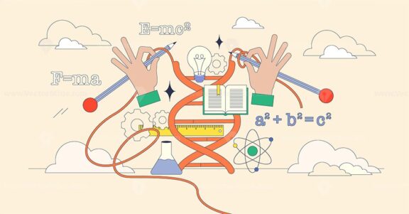 STEM education visual with hands holding tools, DNA strand, and formulas. Neubrutalism hands concept