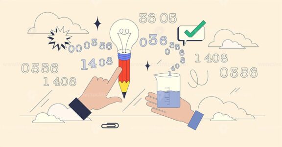 STEM education visual with hands holding a pencil lightbulb and beaker, symbolizing innovation and experimentation. Neubrutalism hands concept