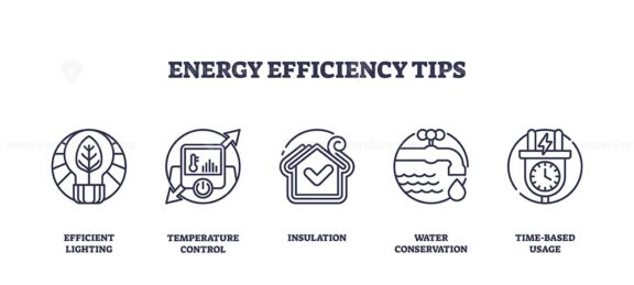 Energy efficiency tips include lighting, temperature control, and insulation. Outline icons set.