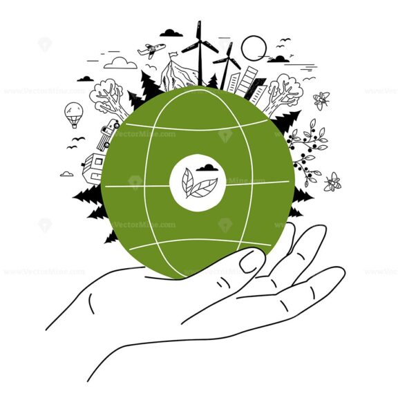 Sustainability, A hand holds a green globe with leaves, surrounded by eco-friendly doodles like wind turbines and trees.