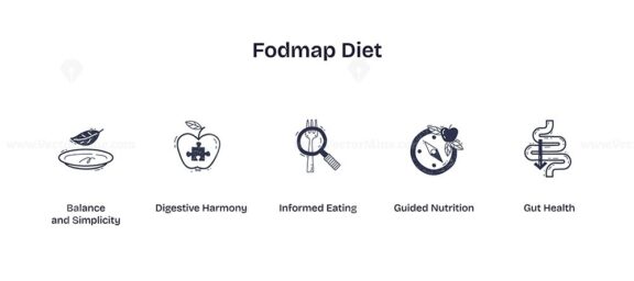 Fodmap diet icons depict balance, digestive health, and nutrition. Doodle style icons