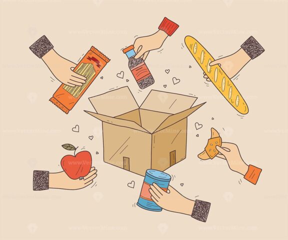 Food drive concept with hands offering food items around a box, symbolizing community support. Doodle style