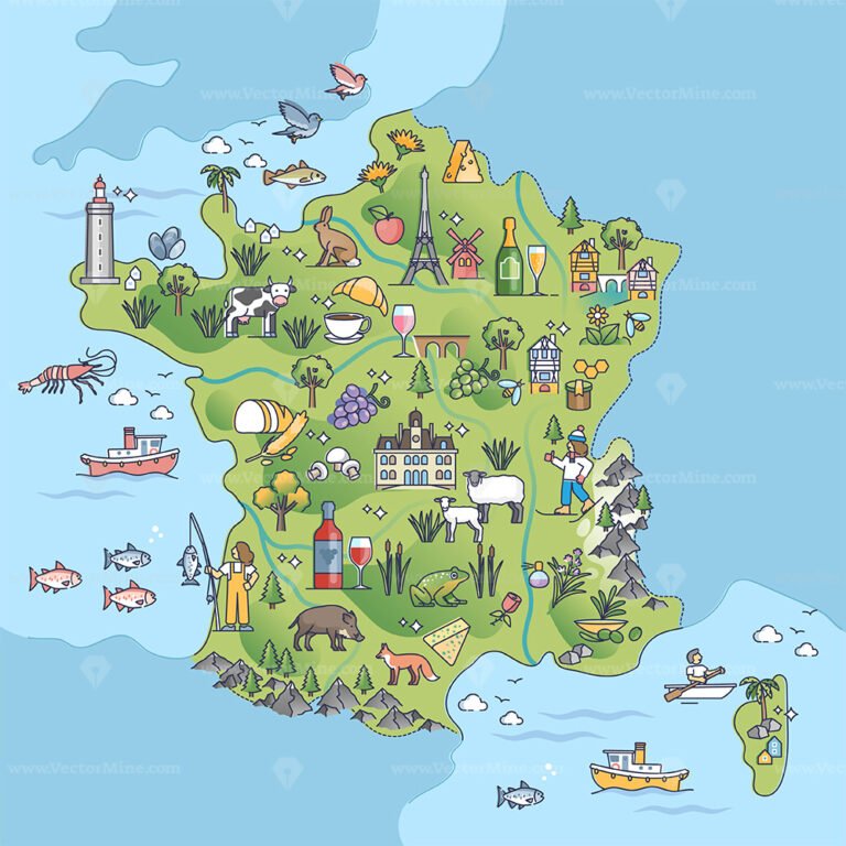 France Country Typical Tourist Places And Borders Geography Outline Map 