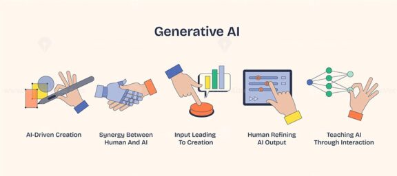 Generative AI illustrated with hands interacting with tech, showing creation and synergy. Neubrutalism hands concept