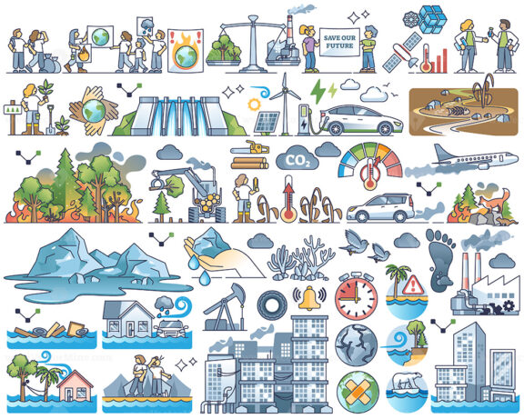 Global warming and CO2 pollution impact on nature outline collection set