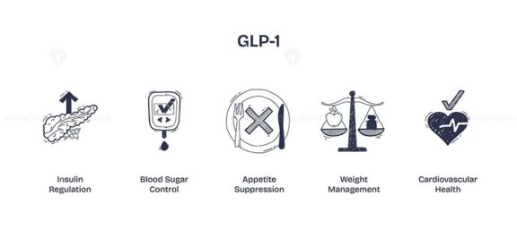 GLP-1 focuses on insulin regulation, appetite suppression, and weight management. Doodle style icons.