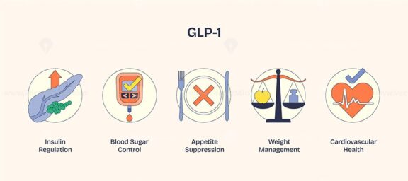 GLP-1 icons depict insulin regulation, appetite suppression, and weight management. Neubrutalism style